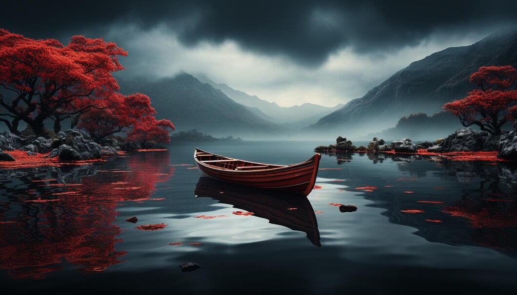 tranquil-scene-sailing-ship-glides-through-foggy-mysterious-autumn-landscape-generated-by-artificial-intelligence ai images